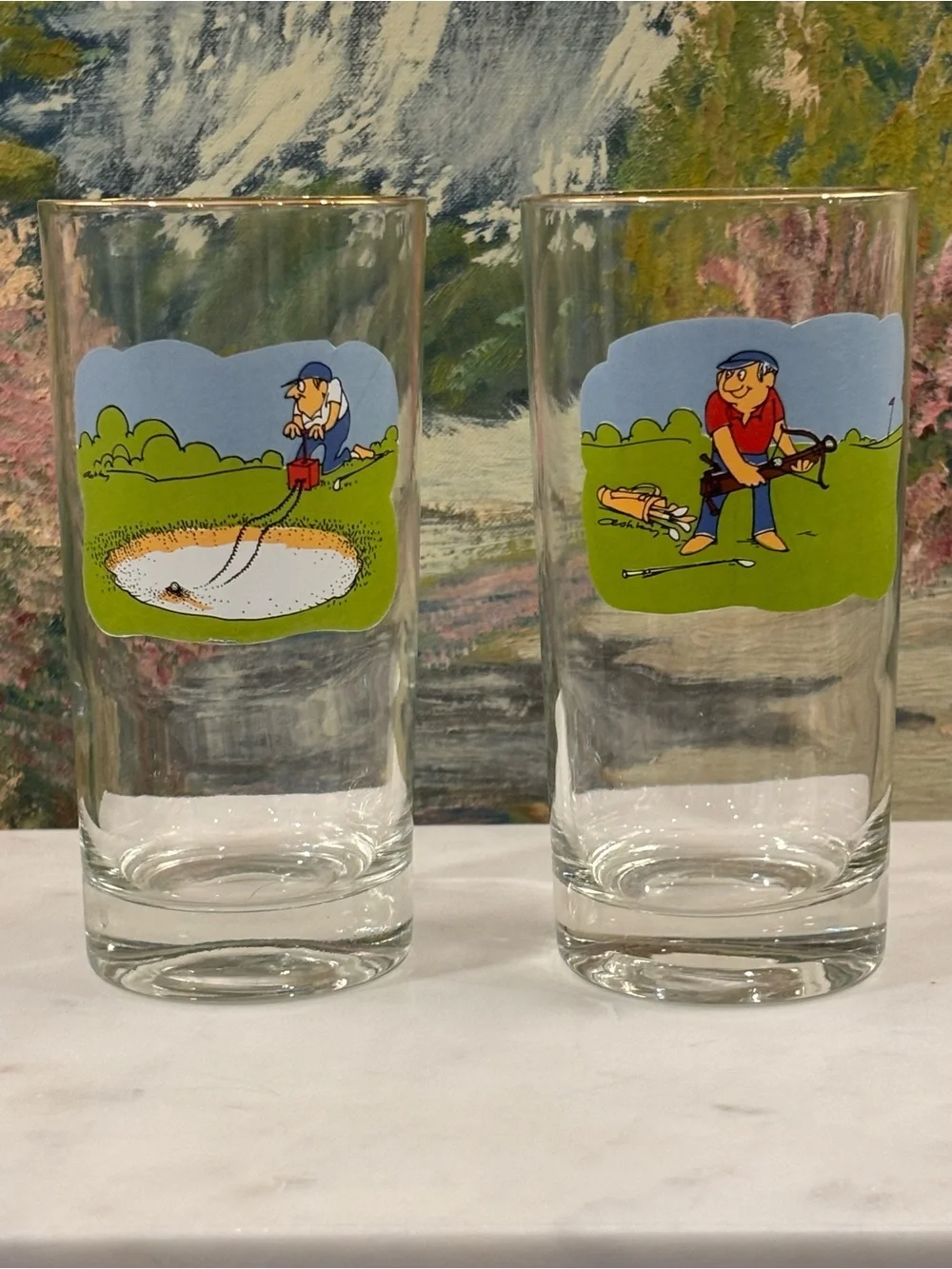 Vintage Ashby Comic Golf Highball Glasses - Set of 2 Mint 70’s Gold Rim